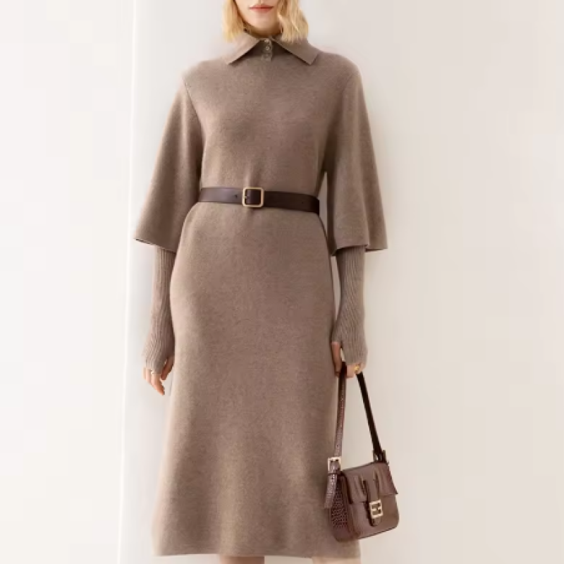 Women's high-end brand cashmere dress, thick five-sleeve lapel long dress for autumn and winter, polo collar mid-sleeve dress